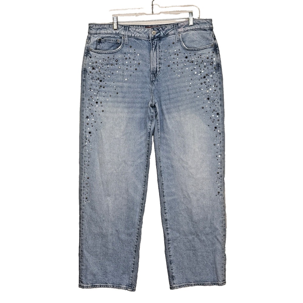 Lucky Brand The Baggy Jeans Womens Sz 16/33R Light Wash Rhinestone Wide Leg